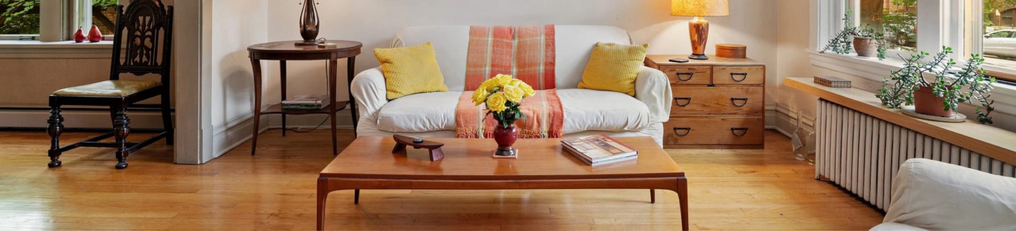 A bright living room prepared for a home search or open house