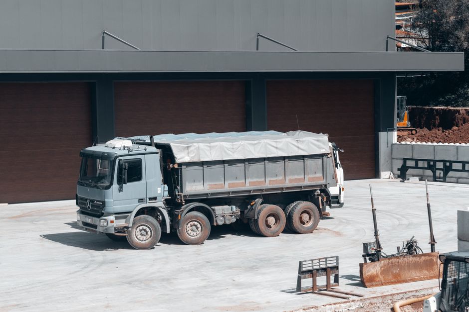 Construction site with hauling trucks