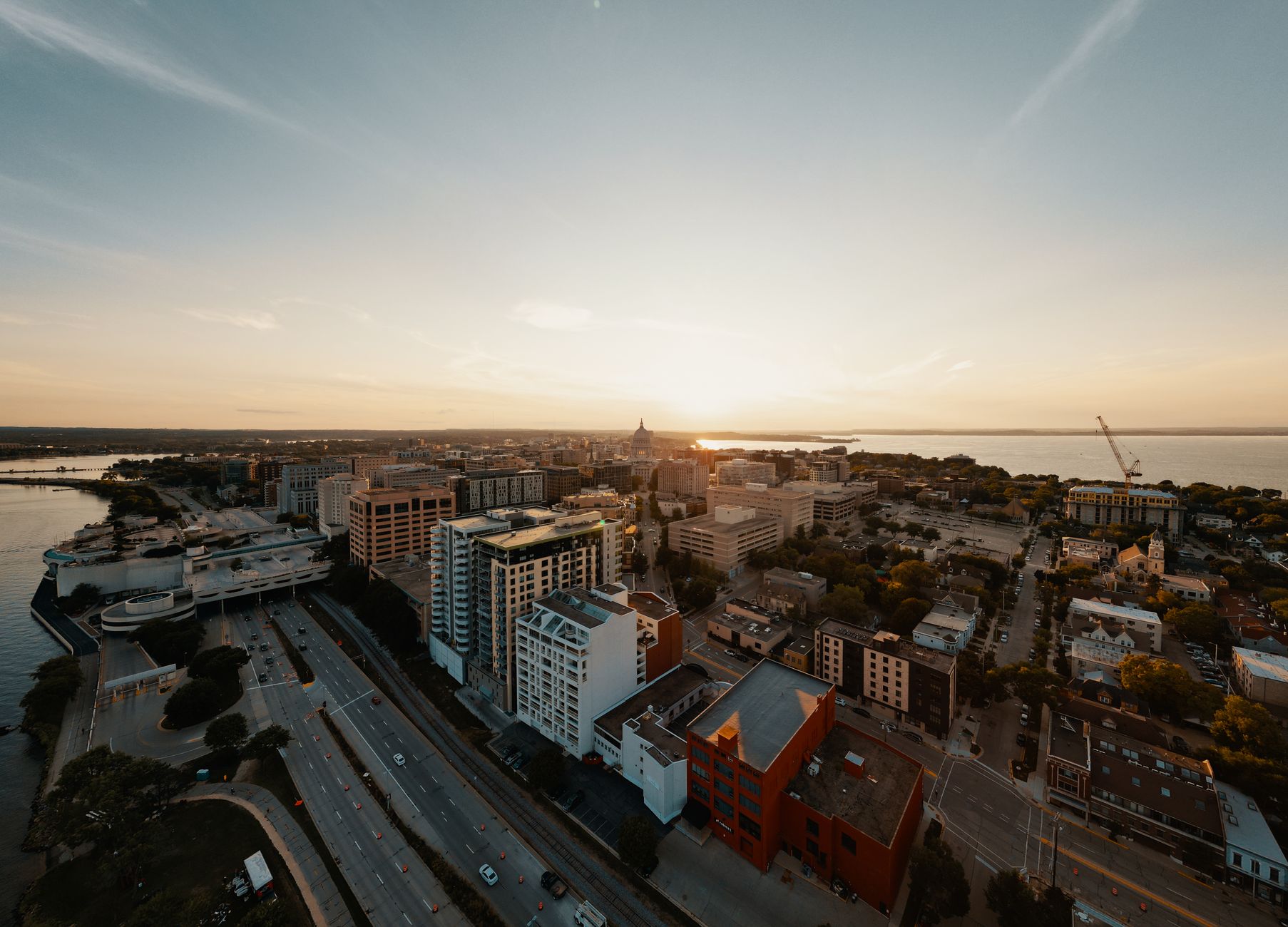 Wisconsin city aerial view at sunset